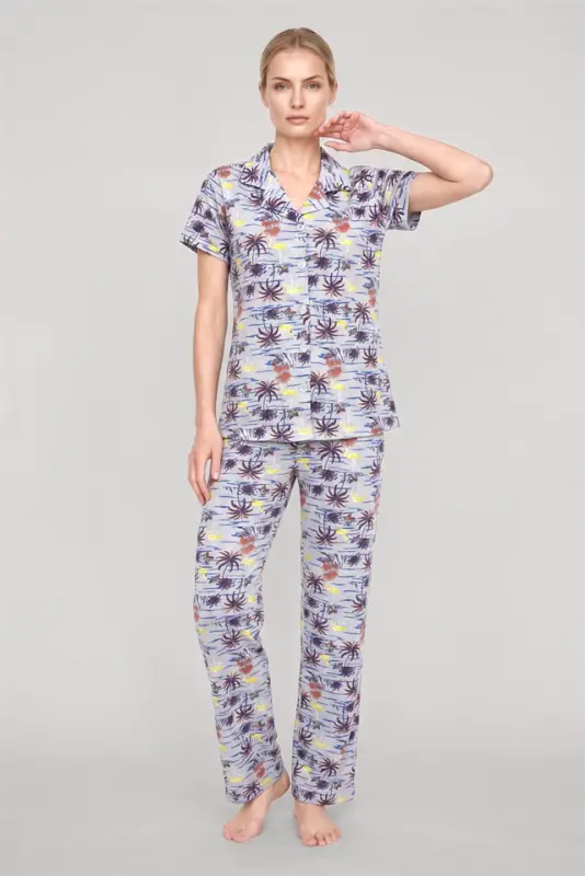 Akbeniz Women's Gray Patterned Classic Shirt Collar Pajama Set - 4