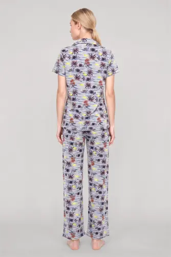Akbeniz Women's Gray Patterned Classic Shirt Collar Pajama Set - 5