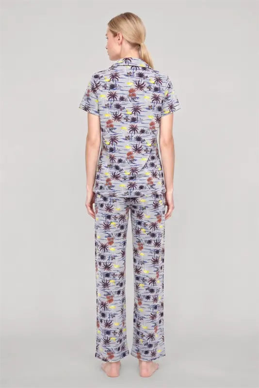 Akbeniz Women's Gray Patterned Classic Shirt Collar Pajama Set - 5