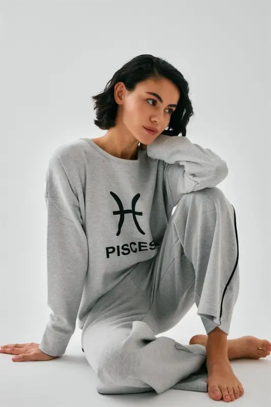 Akbeniz Women's Gray Pisces Oversize 2 Yarn Tracksuit Home Wear Set - 1