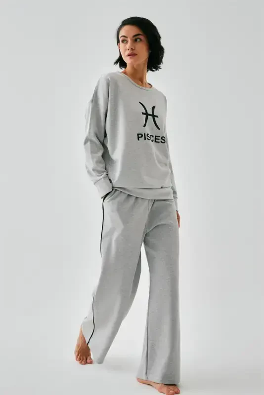 Akbeniz Women's Gray Pisces Oversize 2 Yarn Tracksuit Home Wear Set - 2