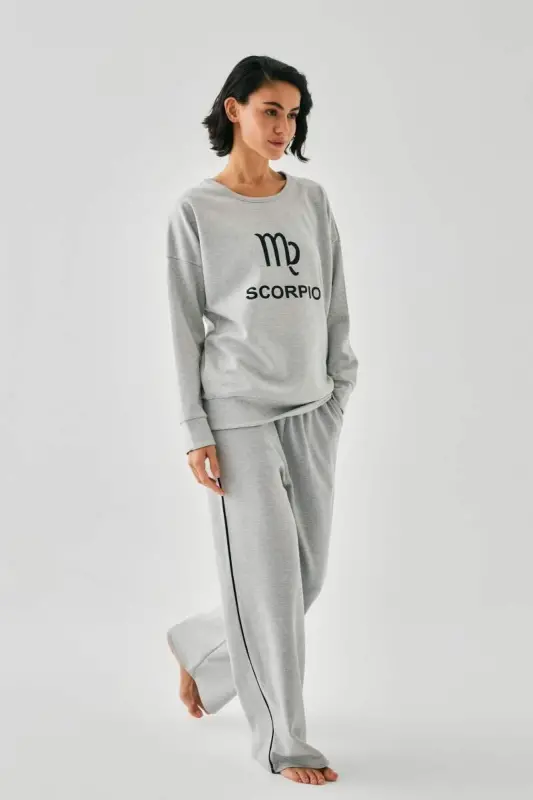 Akbeniz Women's Gray Scorpio Zodiac Oversize 2-Thread Tracksuit Loungewear Set - 1