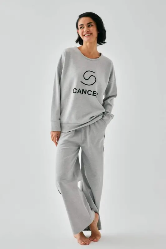 Akbeniz Women's Grey Cancer Zodiac Oversize 2 Thread Tracksuit Loungewear Set - 2