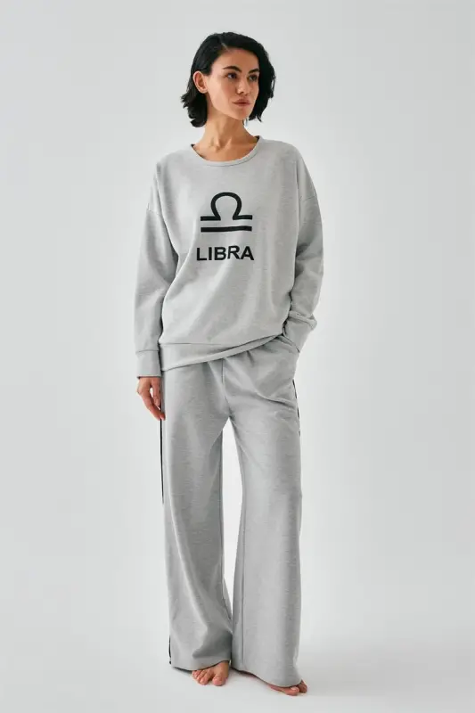 Akbeniz Women's Grey Libra Zodiac Oversize 2 Thread Tracksuit Home Wear Set - 1