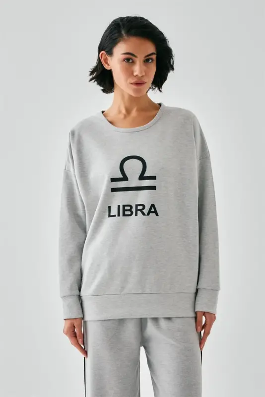 Akbeniz Women's Grey Libra Zodiac Oversize 2 Thread Tracksuit Home Wear Set - 2