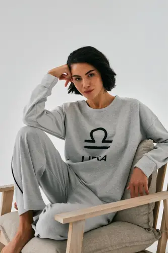 Akbeniz Women's Grey Libra Zodiac Oversize 2 Thread Tracksuit Home Wear Set - 4