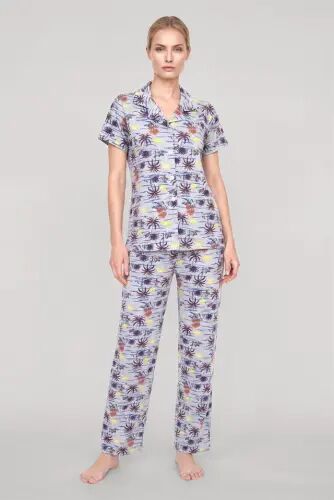 Akbeniz Women's Grey Patterned Classic Shirt Collar Pajama Set - 1