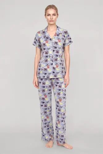 Akbeniz Women's Grey Patterned Classic Shirt Collar Pajama Set - 2