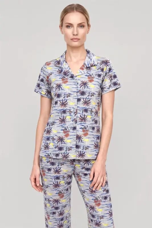 Akbeniz Women's Grey Patterned Classic Shirt Collar Pajama Set - 3