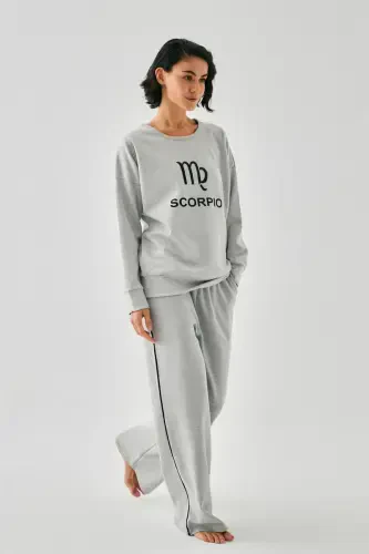 Akbeniz Women's Grey Scorpio Zodiac Oversize 2 Thread Tracksuit Loungewear Set 