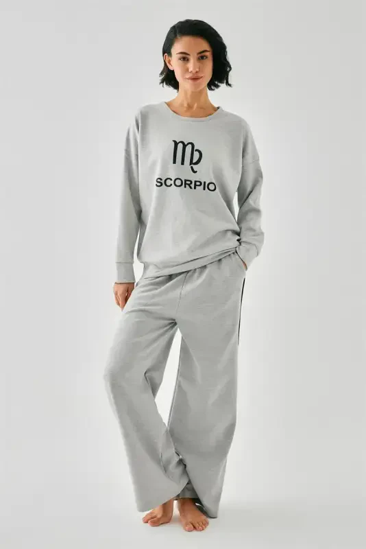 Akbeniz Women's Grey Scorpio Zodiac Oversize 2 Thread Tracksuit Loungewear Set - 3