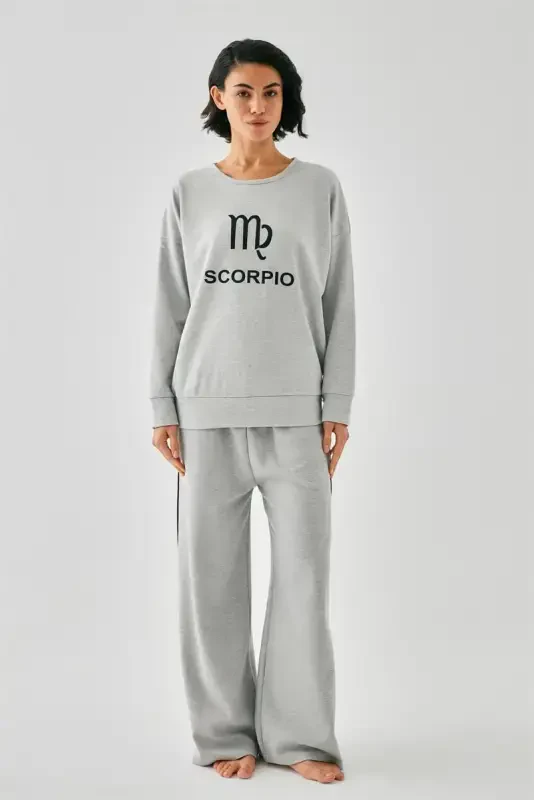 Akbeniz Women's Grey Scorpio Zodiac Oversize 2 Thread Tracksuit Loungewear Set - 4