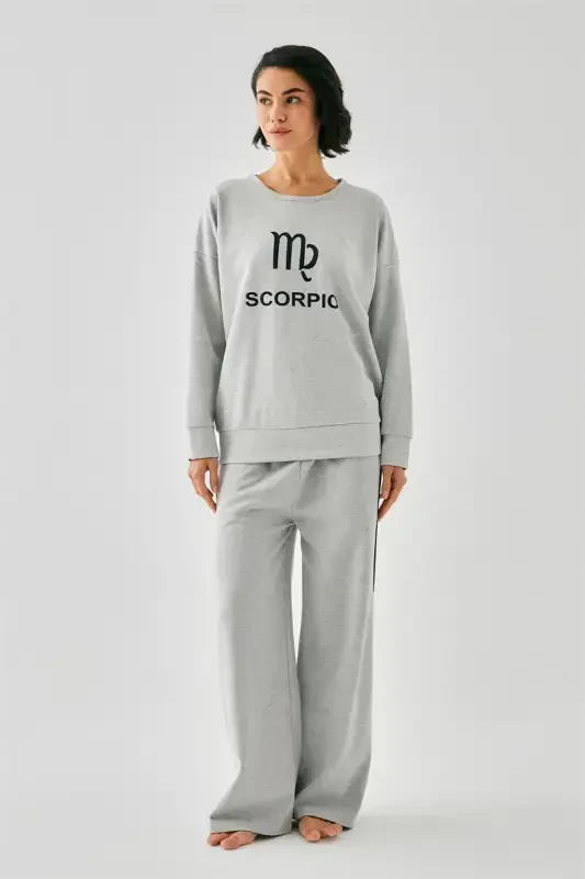 Akbeniz Women's Grey Scorpio Zodiac Oversize 2 Thread Tracksuit Loungewear Set - 5