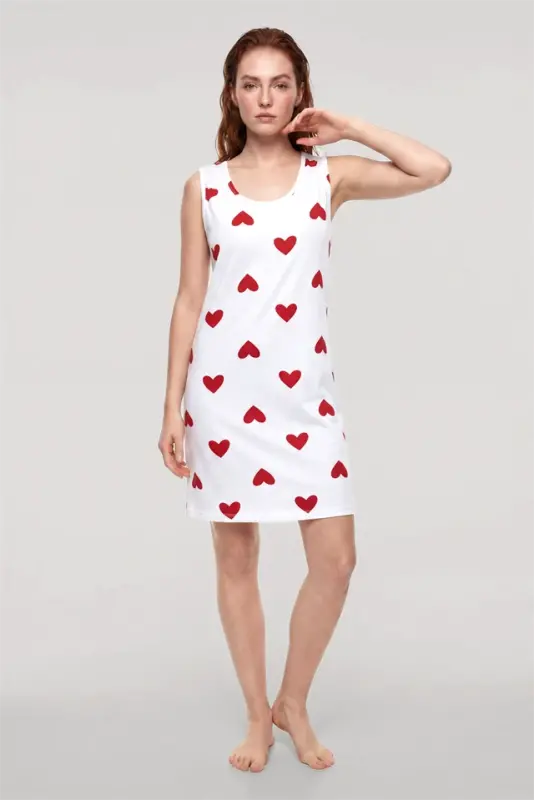 Akbeniz Women's Heart Patterned Basic Nightgown - White - 1