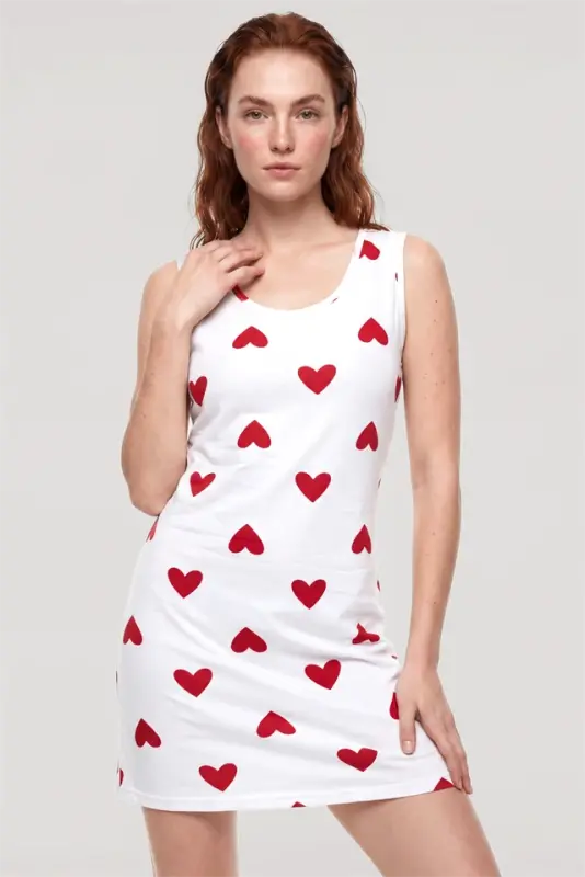 Akbeniz Women's Heart Patterned Basic Nightgown - White - 2