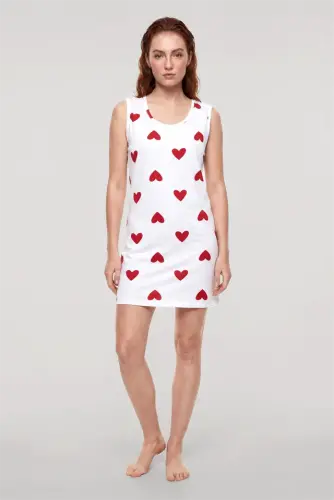 Akbeniz Women's Heart Patterned Basic Nightgown - White - 3