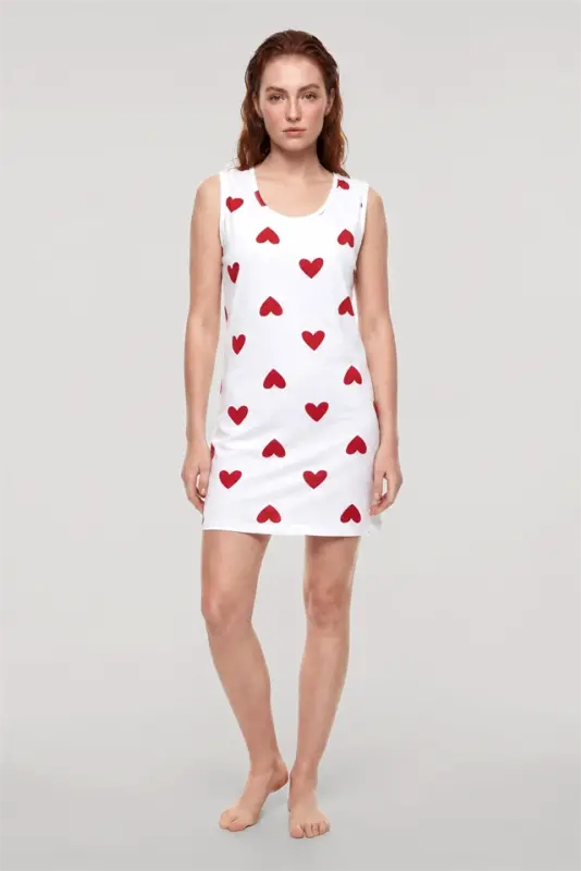 Akbeniz Women's Heart Patterned Basic Nightgown - White - 3