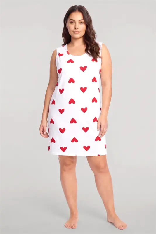 Akbeniz Women's Heart Patterned Basic Plus Size Nightgown - White - 2