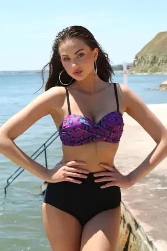 Akbeniz Women's High Waist Strapless Purple Bikini 35006 - 3