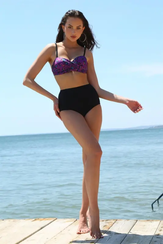 Akbeniz Women's High Waist Strapless Purple Bikini 35006 - 4