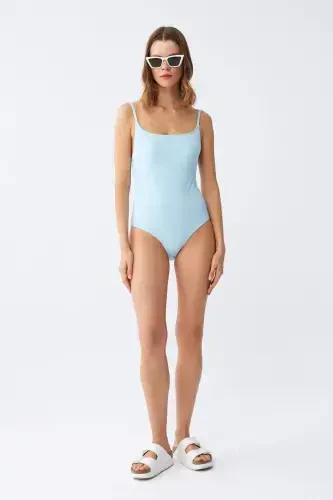 Akbeniz Women's Ice Blue Spaghetti Strap Plain One Piece Swimsuit - BÜYÜKBEDENIZ (1)
