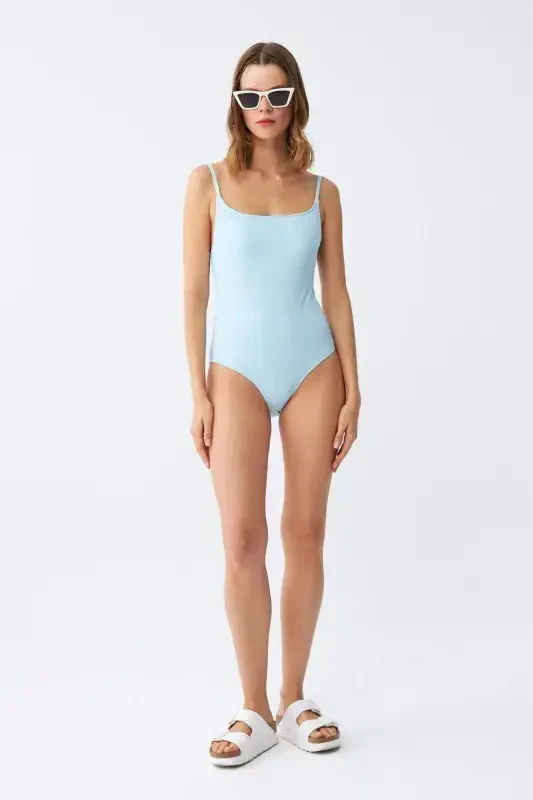 Akbeniz Women's Ice Blue Spaghetti Strap Plain One Piece Swimsuit - 2