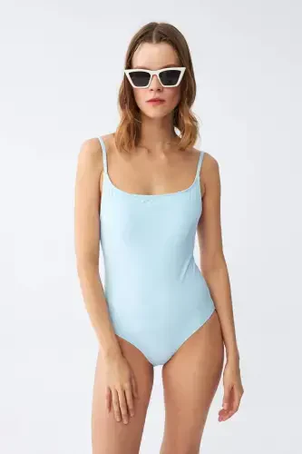 Akbeniz Women's Ice Blue Spaghetti Strap Plain One Piece Swimsuit - 3