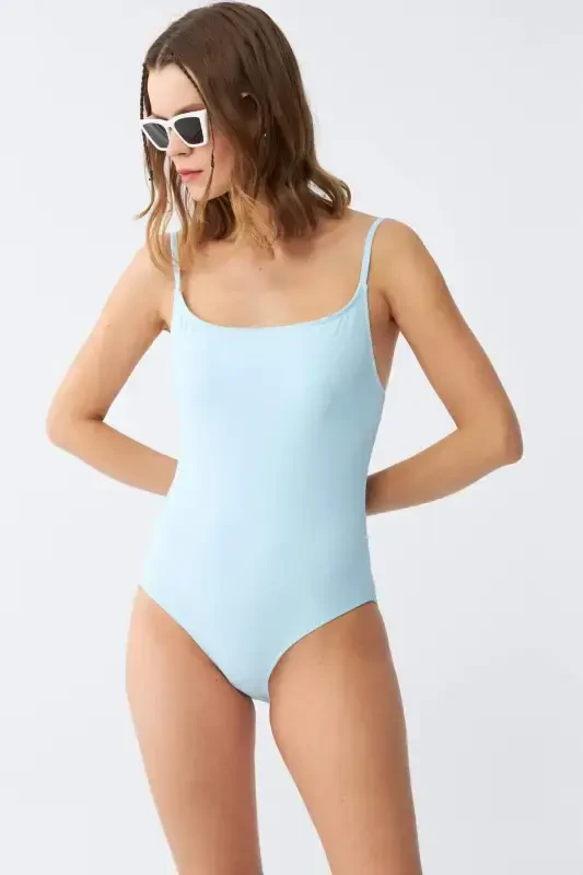 Akbeniz Women's Ice Blue Spaghetti Strap Plain One Piece Swimsuit - 4