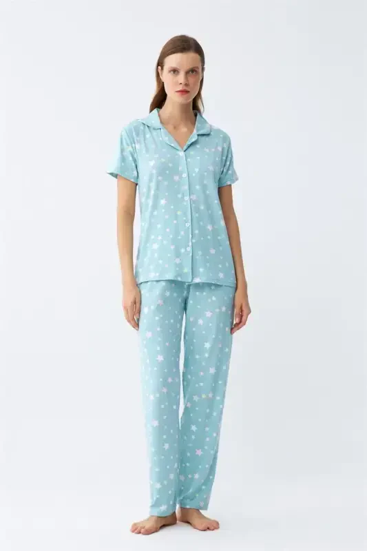 Akbeniz Women's Ice Blue Star Patterned Front Buttoned Pajama Set - 2