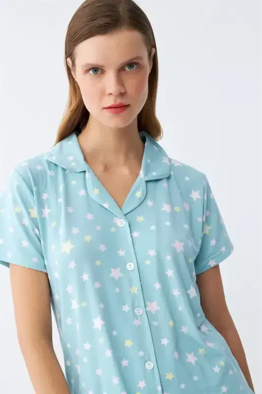 Akbeniz Women's Ice Blue Star Patterned Front Buttoned Pajama Set - 3