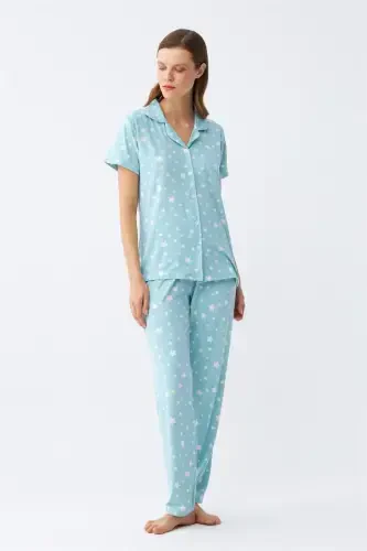 Akbeniz Women's Ice Blue Star Patterned Front Buttoned Pajama Set - 4
