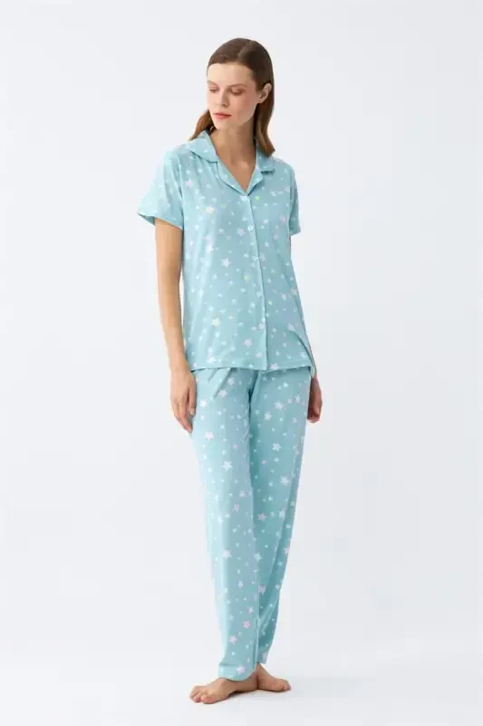 Akbeniz Women's Ice Blue Star Patterned Front Buttoned Pajama Set - 4