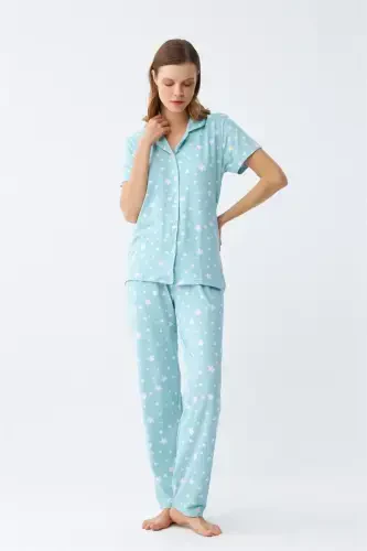 Akbeniz Women's Ice Blue Star Patterned Front Buttoned Pajama Set - 5