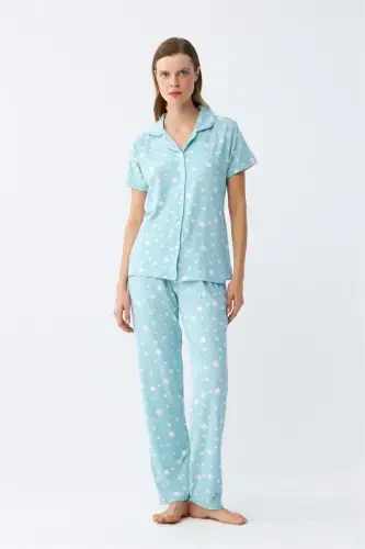 Akbeniz Women's Ice Blue Star Patterned Front Buttoned Pajama Set - 6