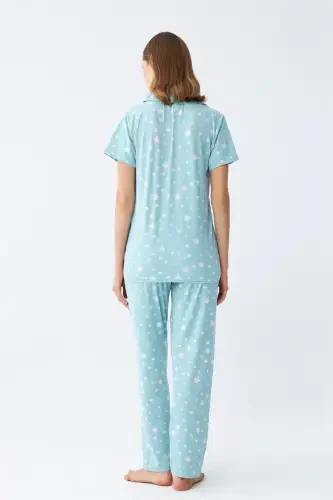 Akbeniz Women's Ice Blue Star Patterned Front Buttoned Pajama Set - 7