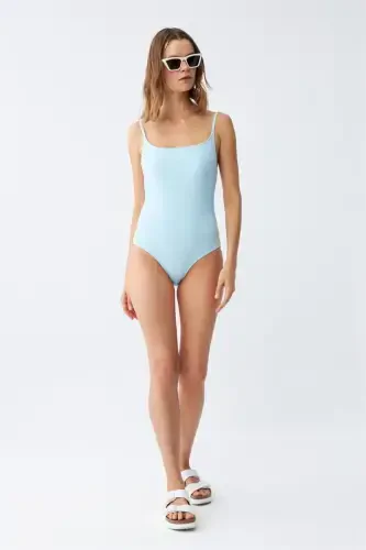 Akbeniz Women's Ice Blue Thin Strap Plain One-Piece Swimsuit - 1