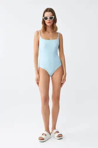 Akbeniz Women's Ice Blue Thin Strap Plain One-Piece Swimsuit - 2