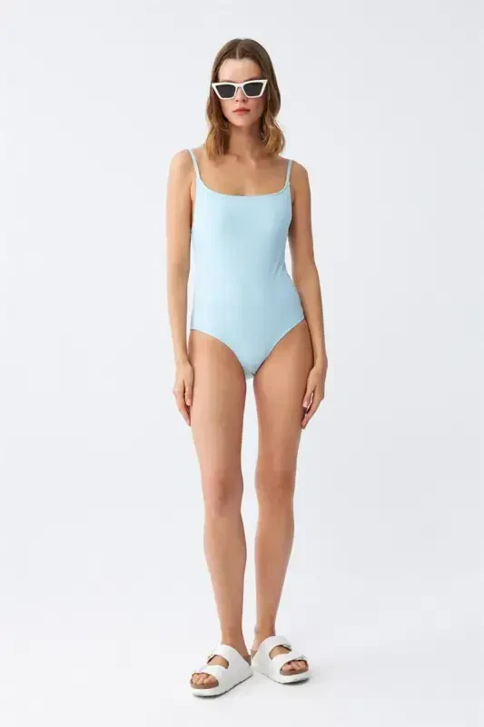 Akbeniz Women's Ice Blue Thin Strap Plain One-Piece Swimsuit - 2
