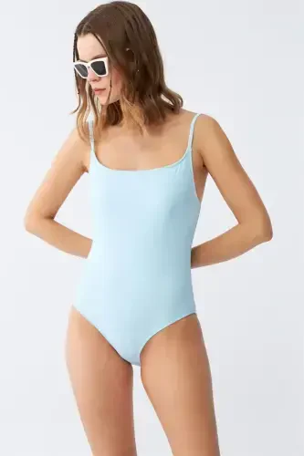 Akbeniz Women's Ice Blue Thin Strap Plain One-Piece Swimsuit - 4