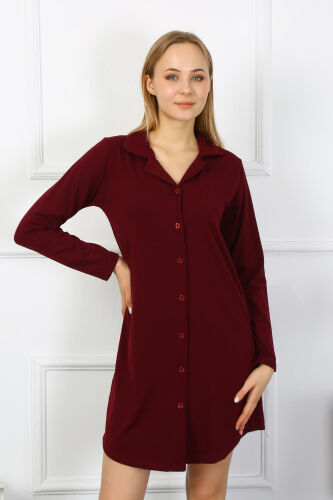 Akbeniz Women's Jersey Long Sleeve Buttoned Maroon Tunic Nightgown 13103 - 1