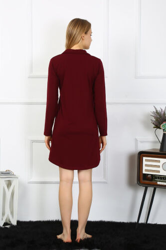 Akbeniz Women's Jersey Long Sleeve Buttoned Maroon Tunic Nightgown 13103 - 2