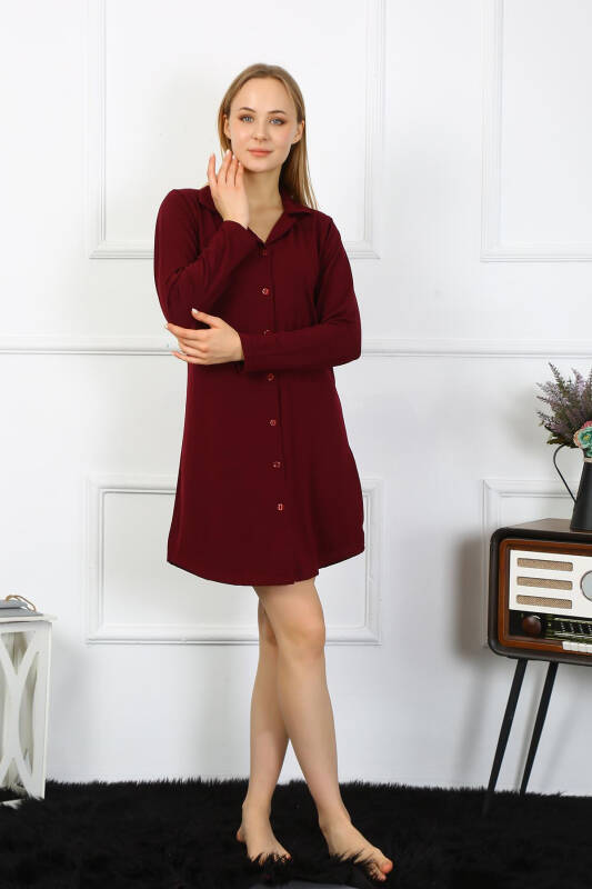 Akbeniz Women's Jersey Long Sleeve Buttoned Maroon Tunic Nightgown 13103 - 6