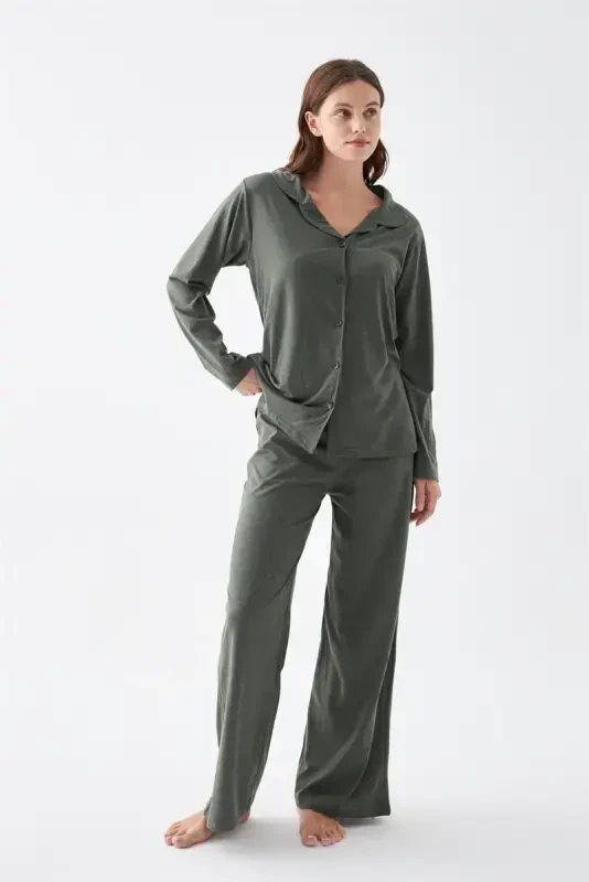 Akbeniz Women's Khaki Buttoned Cotton Pajama Set - 2