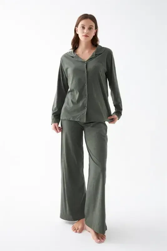 Akbeniz Women's Khaki Buttoned Cotton Pajama Set - 3