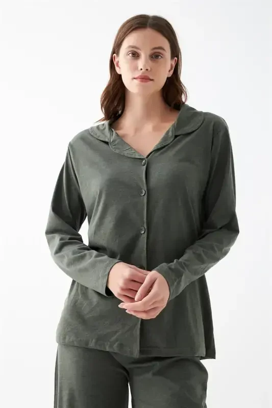 Akbeniz Women's Khaki Buttoned Cotton Pajama Set - 4