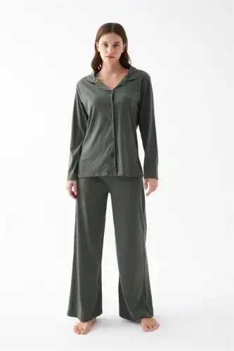 Akbeniz Women's Khaki Buttoned Cotton Pajama Set - 5