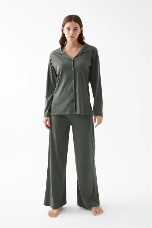 Akbeniz Women's Khaki Buttoned Cotton Pajama Set - 5