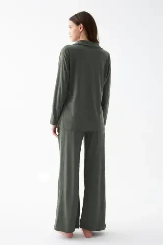 Akbeniz Women's Khaki Buttoned Cotton Pajama Set - 6