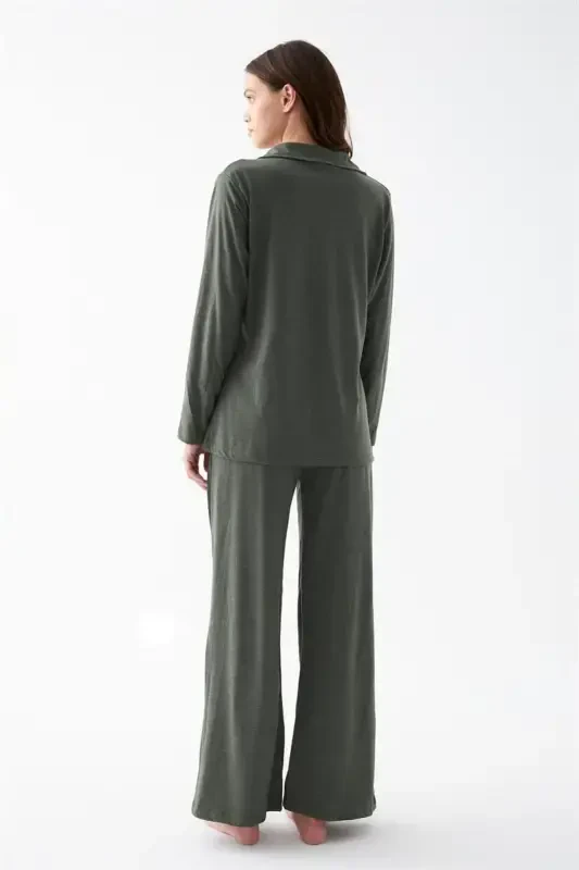 Akbeniz Women's Khaki Buttoned Cotton Pajama Set - 6