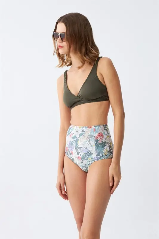 Akbeniz Women's Khaki Padded Top and High Waist Floral Patterned Bikini Set - 4